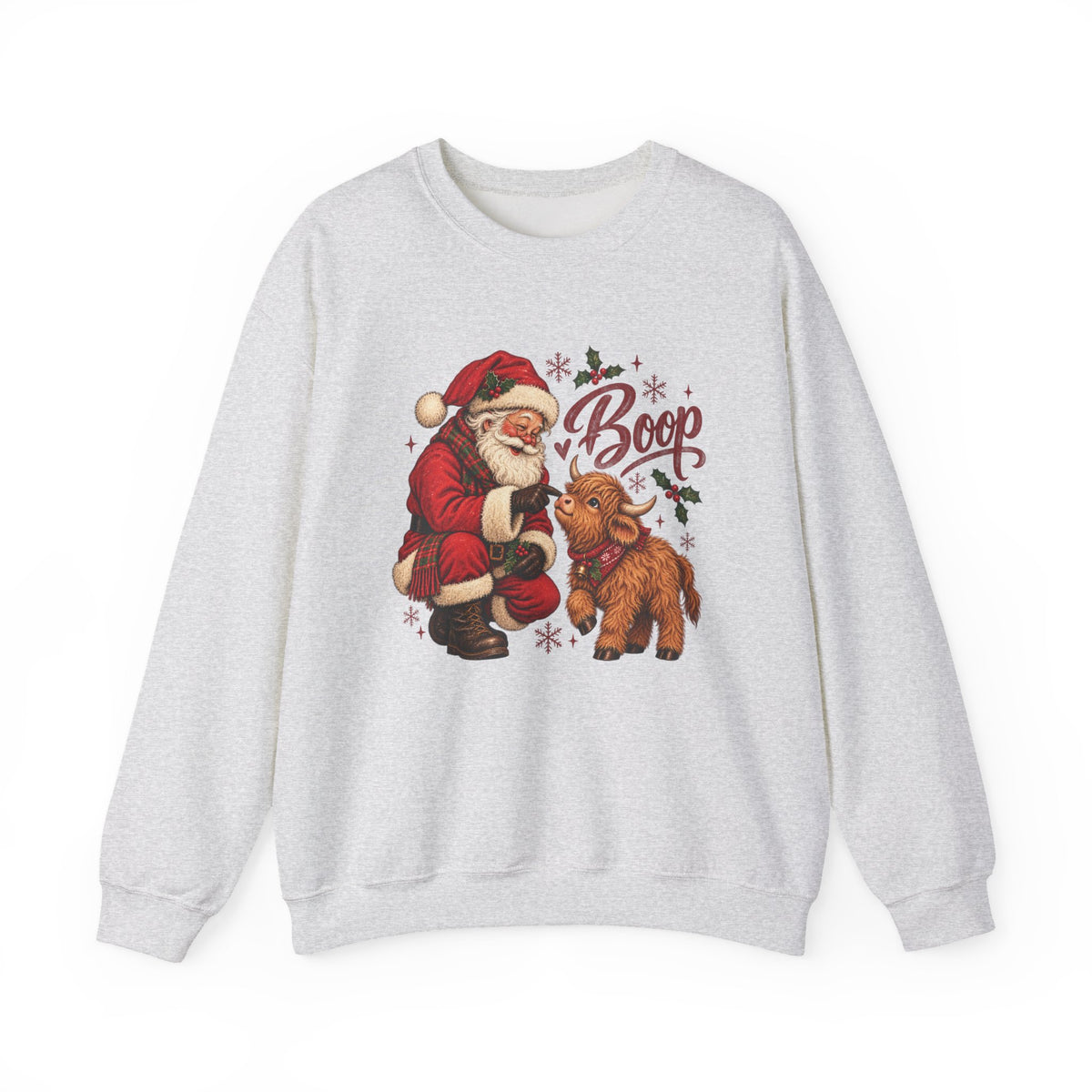 Ash Santa Boop Highland Cow sweatshirt with Santa booping the nose of a fluffy highland calf, front view