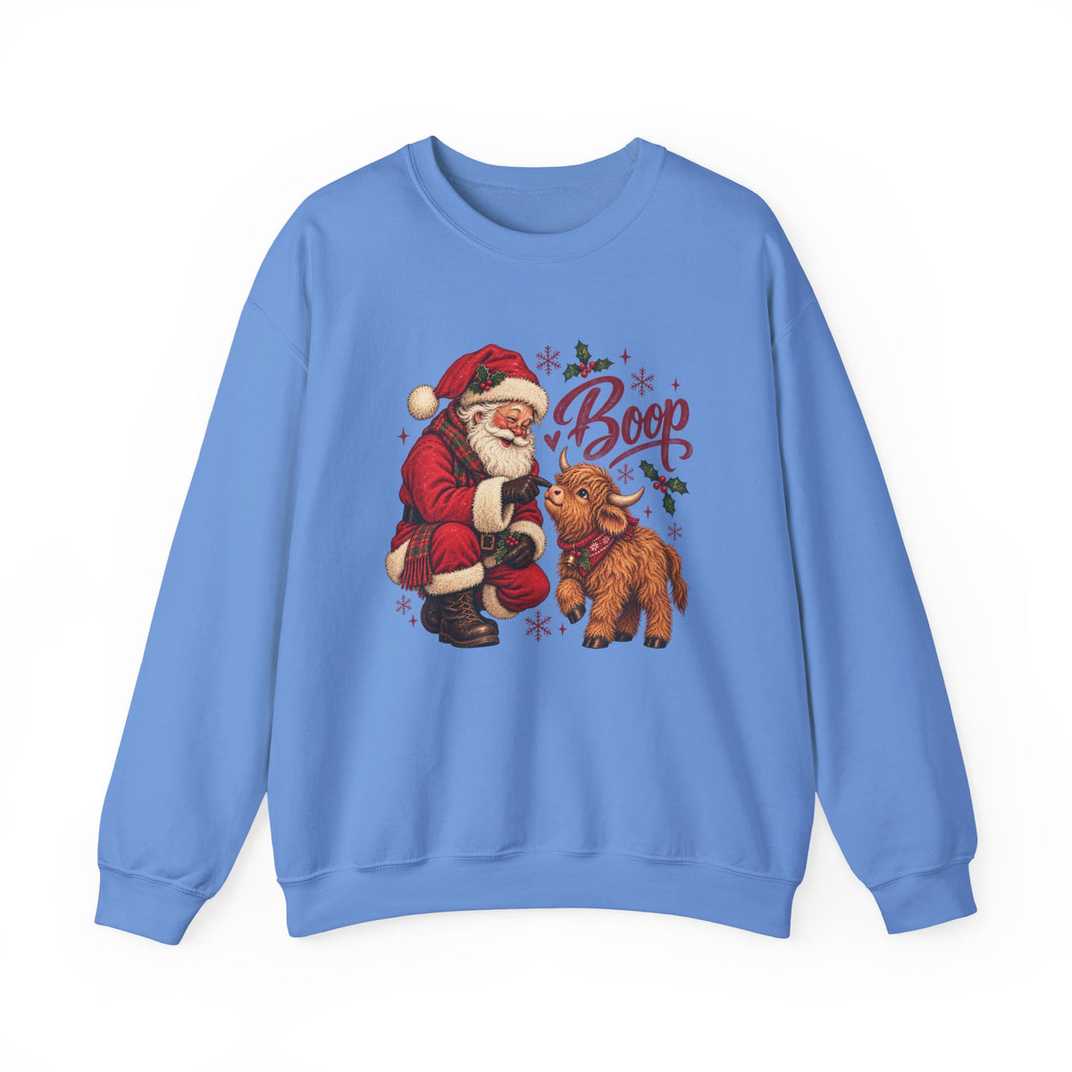 Carolina Blue Santa Boop Highland Cow sweatshirt with Santa booping the nose of a fluffy highland calf, front view