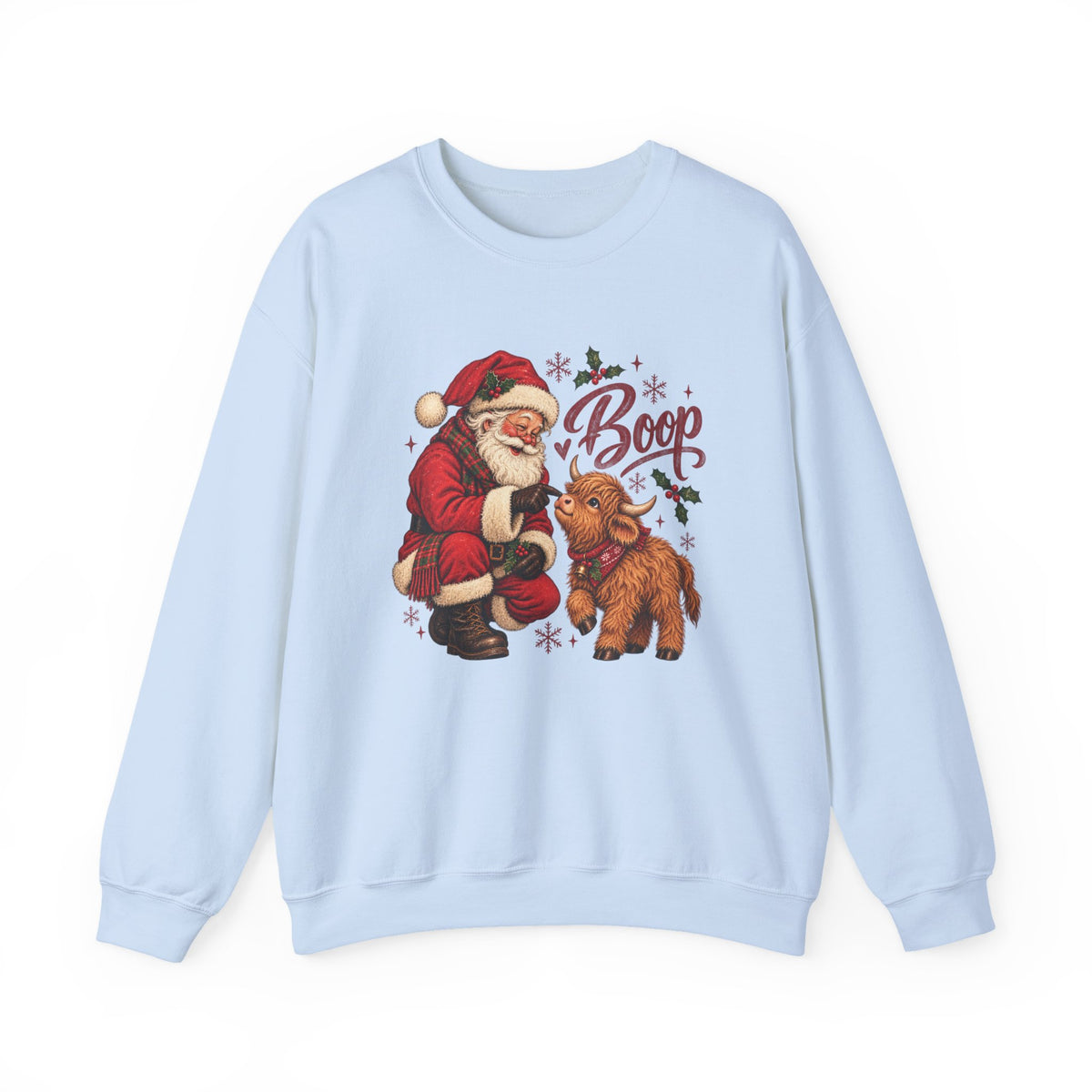 Light Blue Santa Boop Highland Cow sweatshirt with Santa booping the nose of a fluffy highland calf, front view