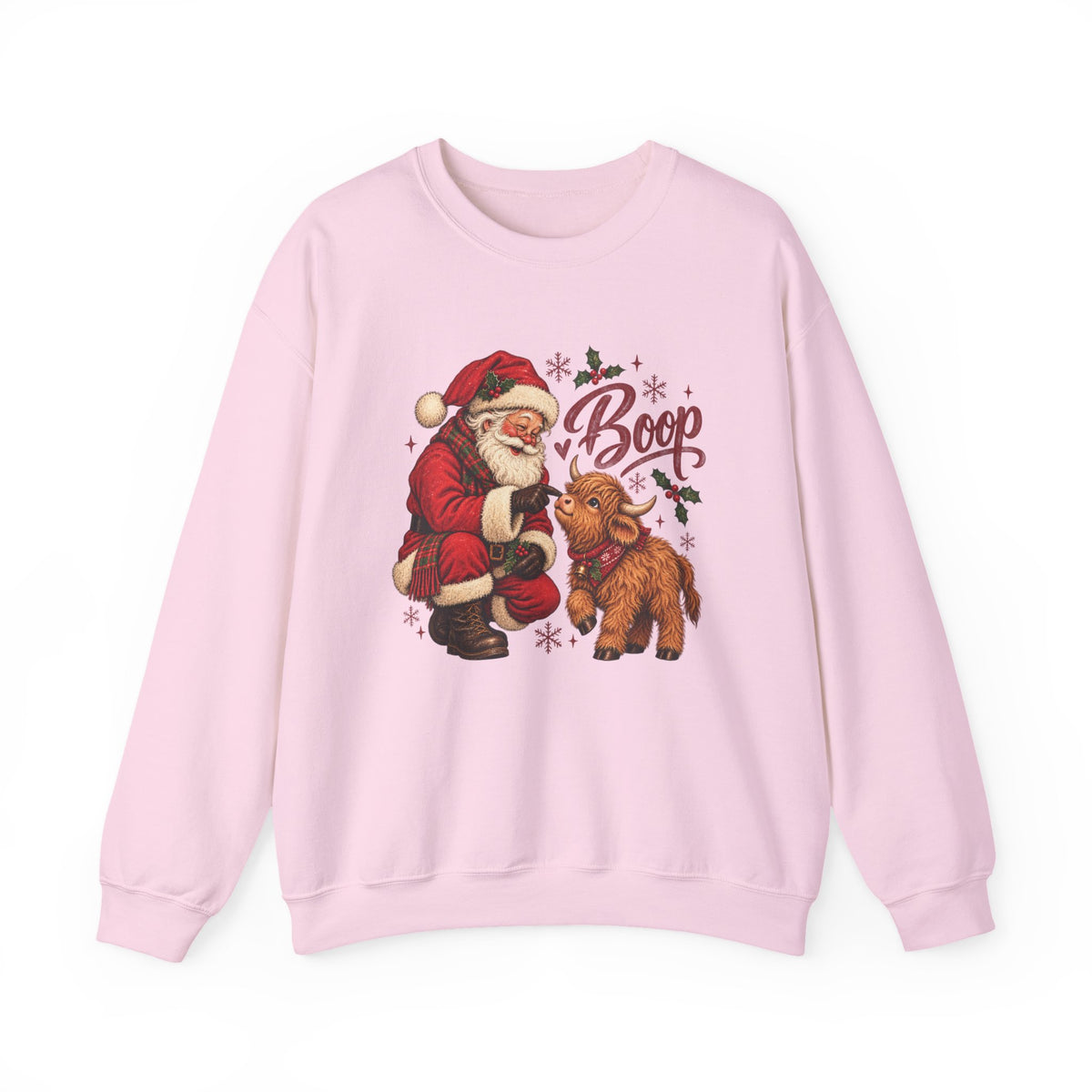 Light Pink Santa Boop Highland Cow sweatshirt with Santa booping the nose of a fluffy highland calf, front view