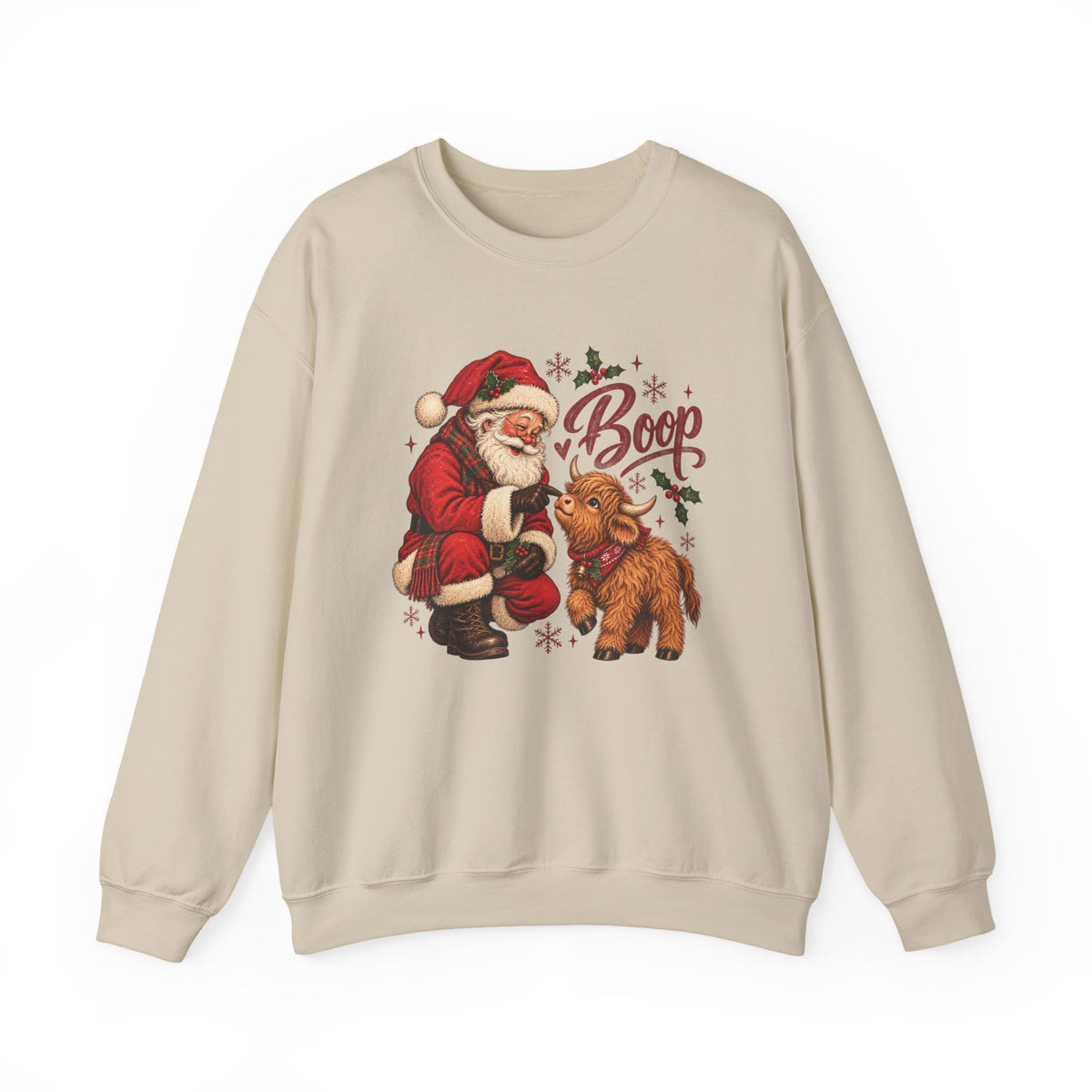 Sand Santa Boop Highland Cow sweatshirt with Santa booping the nose of a fluffy highland calf, front view