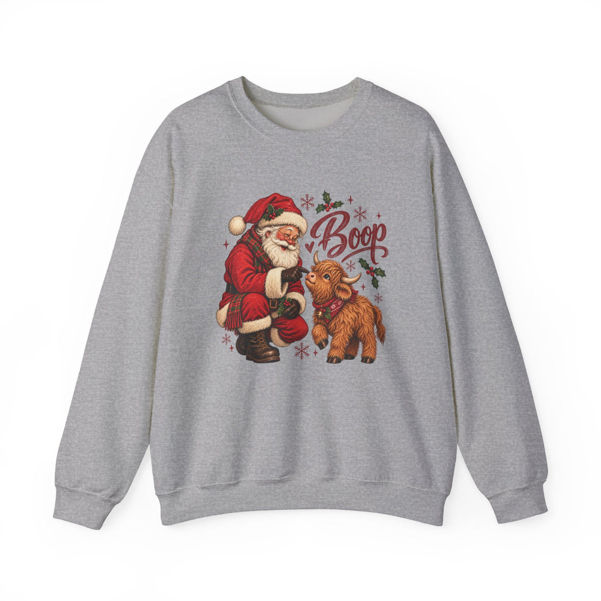 Sport Grey Santa Boop Highland Cow sweatshirt with Santa booping the nose of a fluffy highland calf, front view