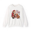 White Santa Boop Highland Cow sweatshirt with Santa booping the nose of a fluffy highland calf, front view
