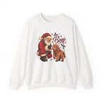 White Santa Boop Highland Cow sweatshirt with Santa booping the nose of a fluffy highland calf, front view
