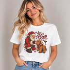 Woman wearing the White Santa Boop Highland Cow T-Shirt with jeans