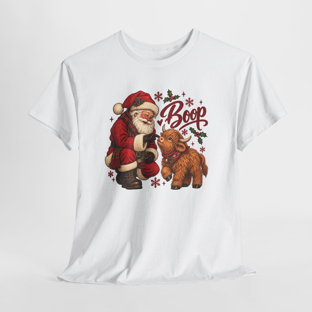 Santa Boop Highland Cow T-Shirt, flat lay