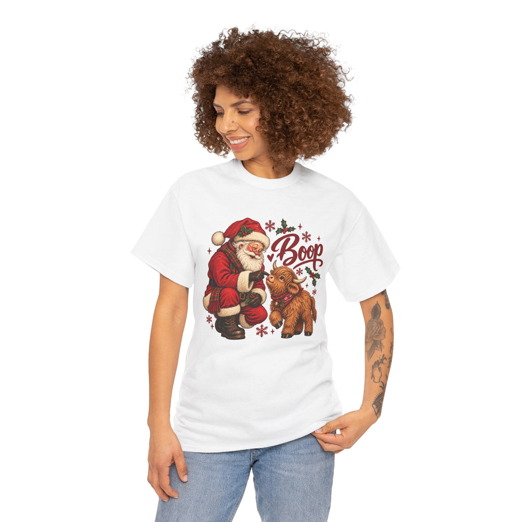 Model wearing the white Santa Boop Highland Cow T-Shirt