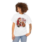 Model wearing the white Santa Boop Highland Cow T-Shirt