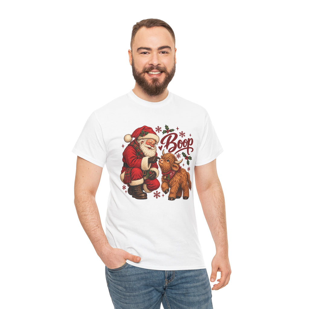 Model wearing the white Santa Boop Highland Cow T-Shirt