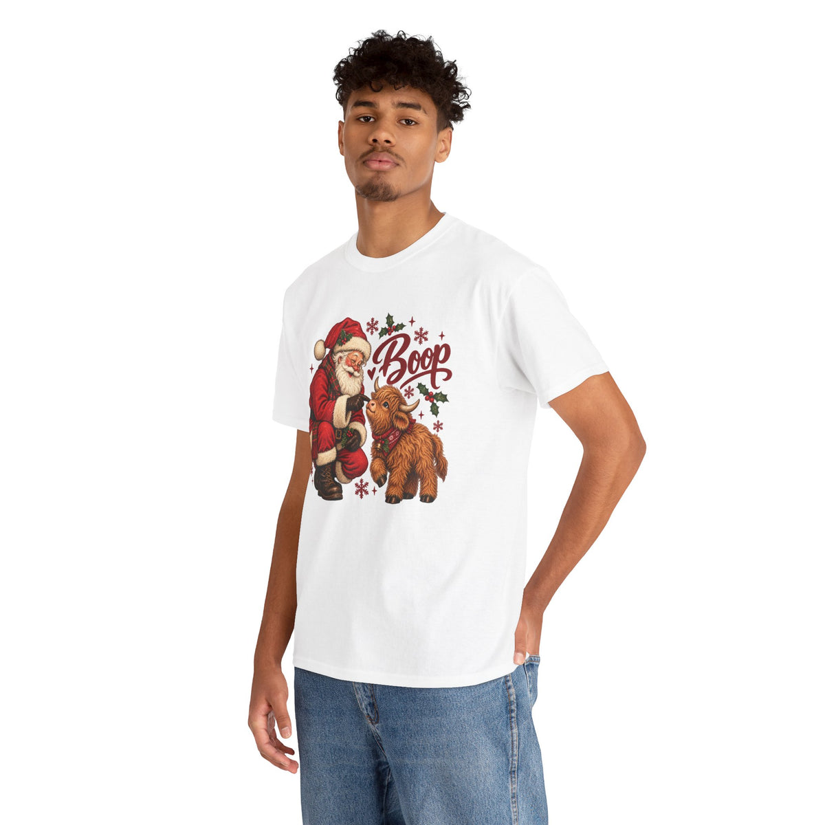 Model wearing the white Santa Boop Highland Cow T-Shirt