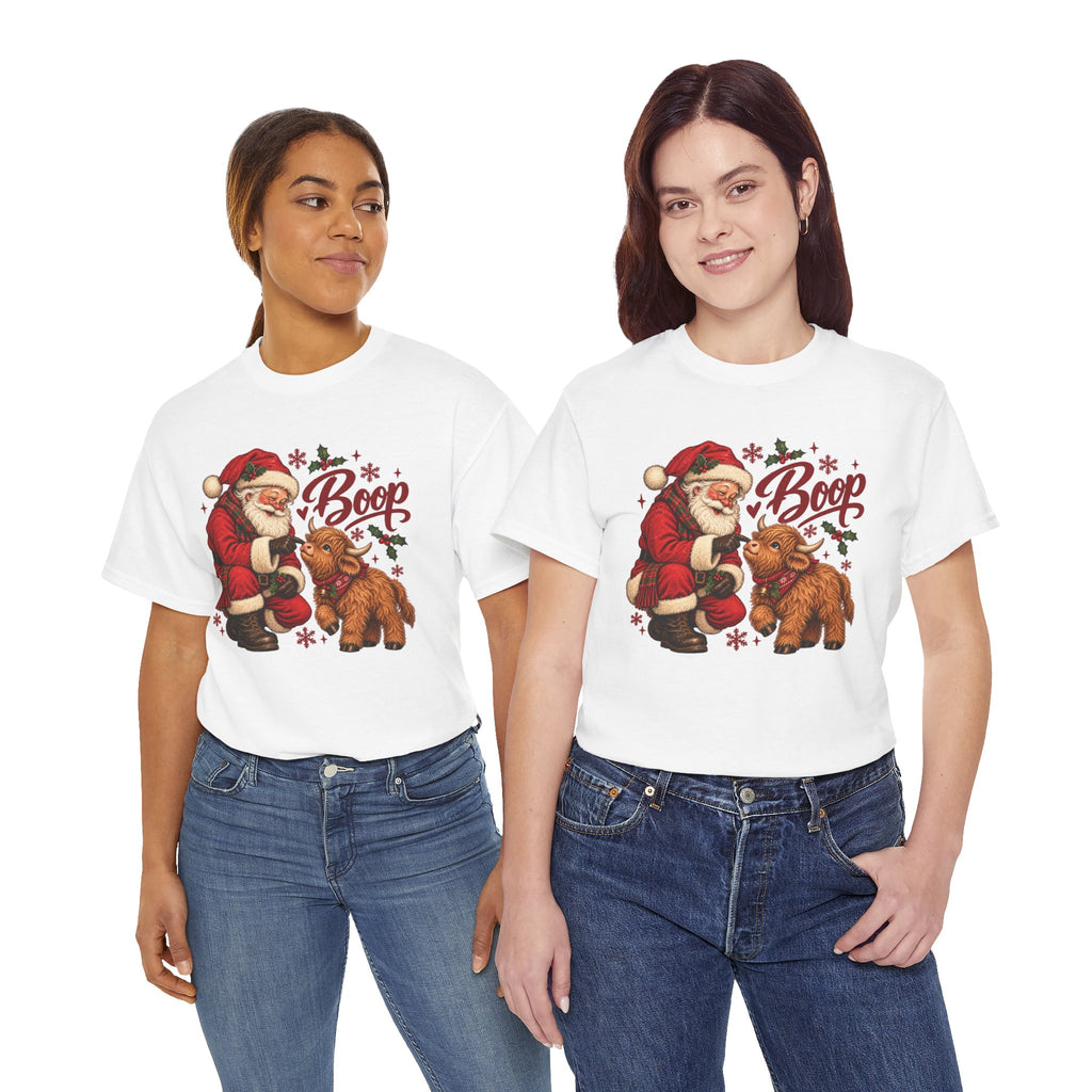 Model wearing the white Santa Boop Highland Cow T-Shirt