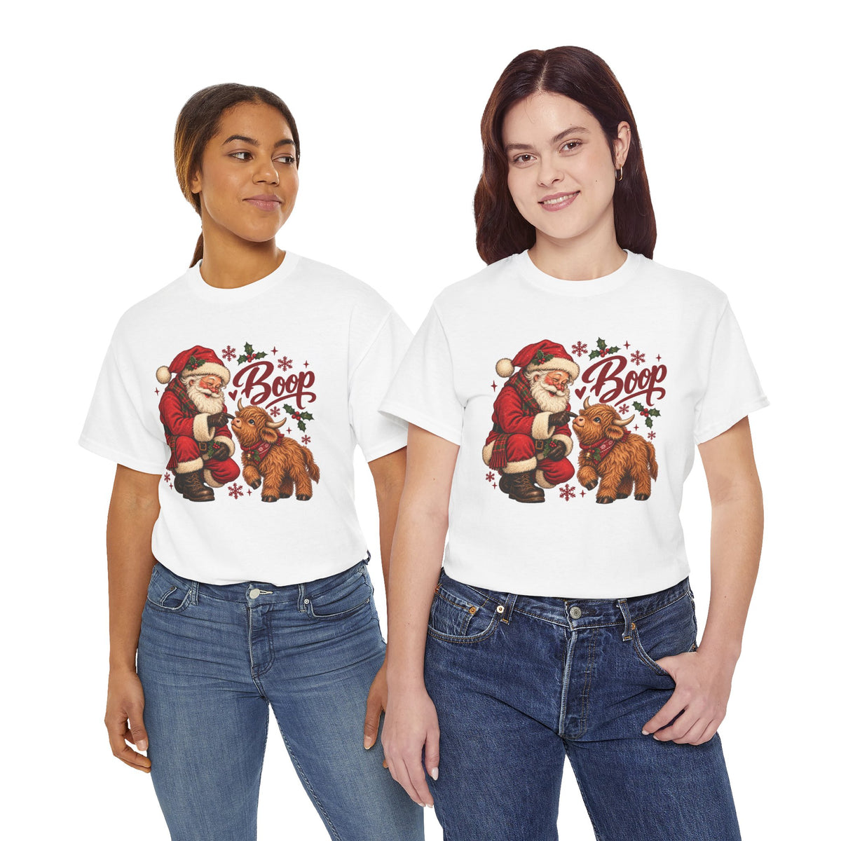 Model wearing the white Santa Boop Highland Cow T-Shirt