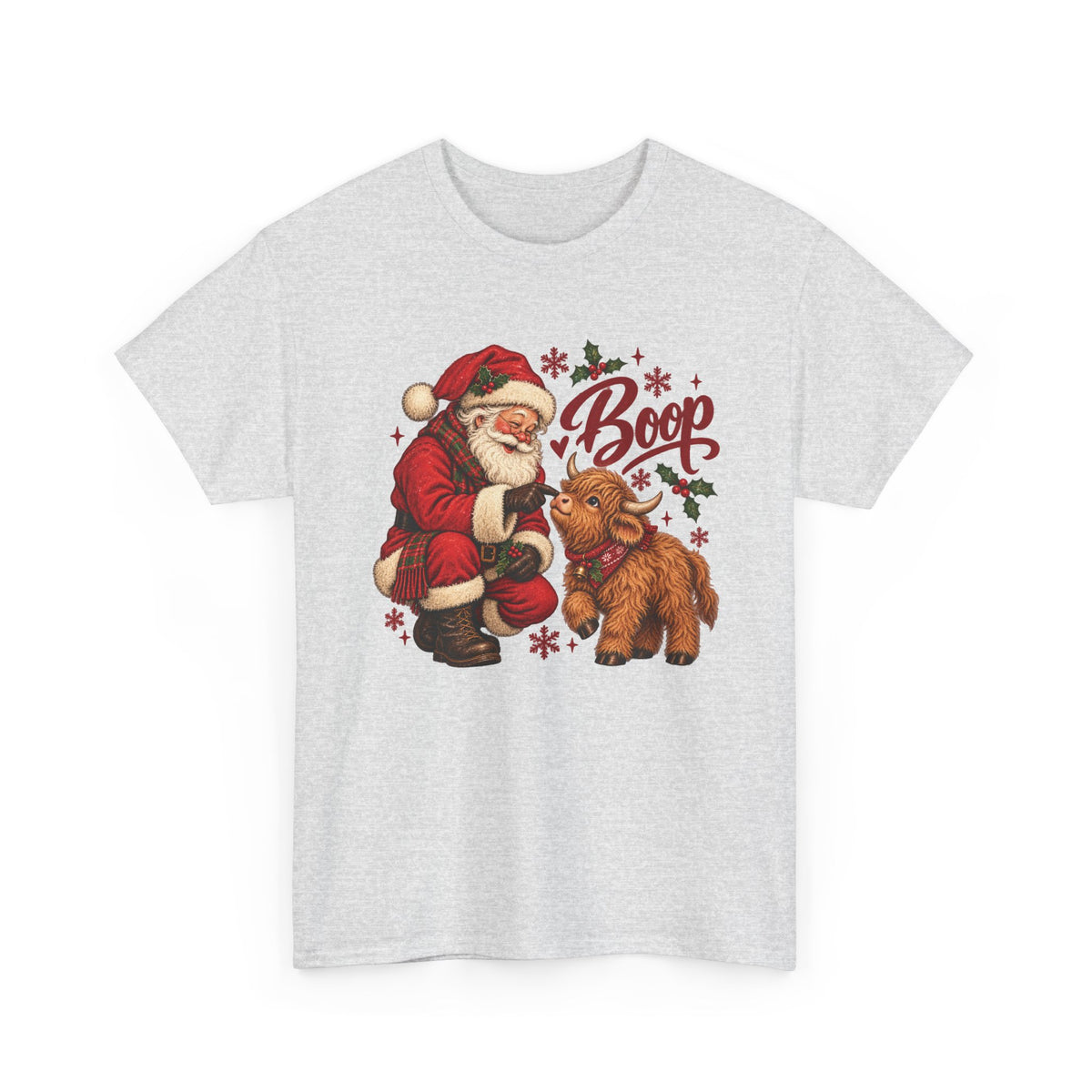 Ash Santa Boop Highland Cow t-shirt with Santa booping the nose of a fluffy highland calf, front view
