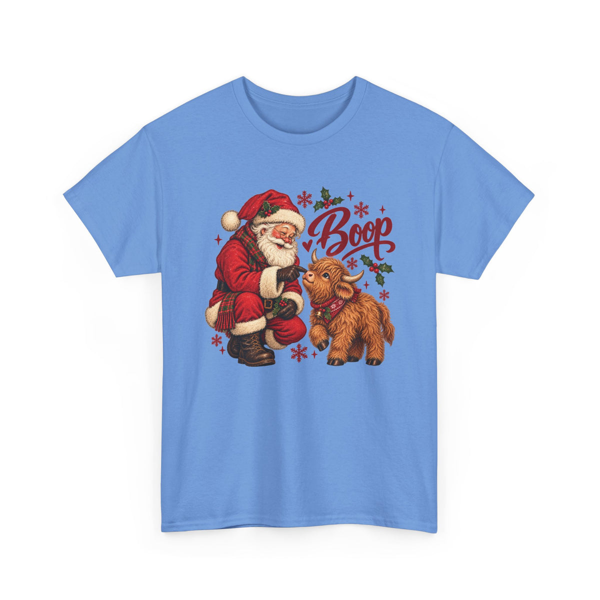 Carolina Blue Santa Boop Highland Cow t-shirt with Santa booping the nose of a fluffy highland calf, front view