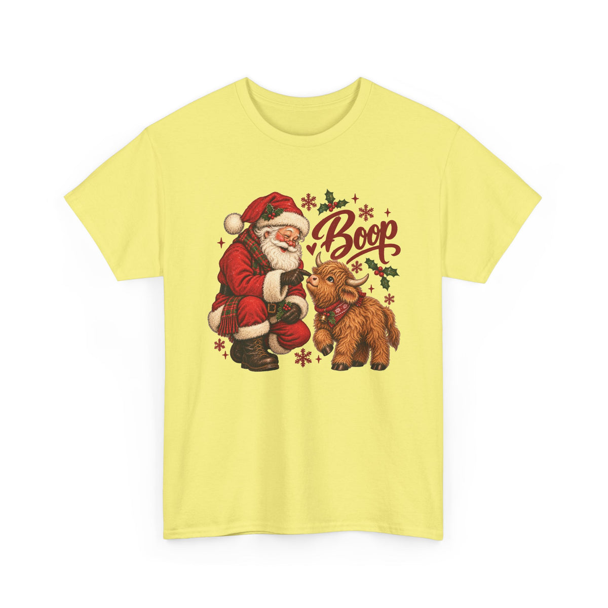 Cornsilk Santa Boop Highland Cow t-shirt with Santa booping the nose of a fluffy highland calf, front view