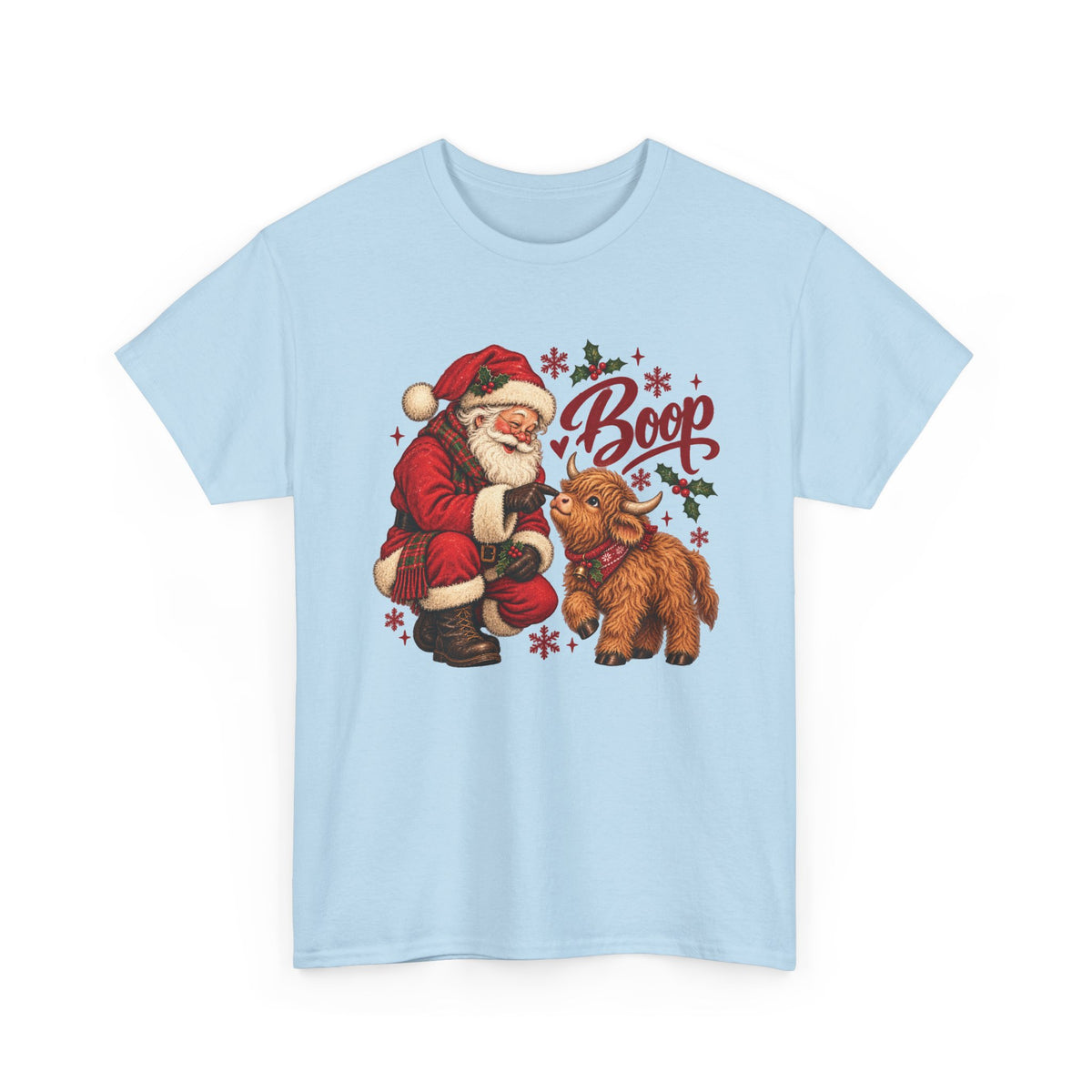 Light Blue Santa Boop Highland Cow t-shirt with Santa booping the nose of a fluffy highland calf, front view