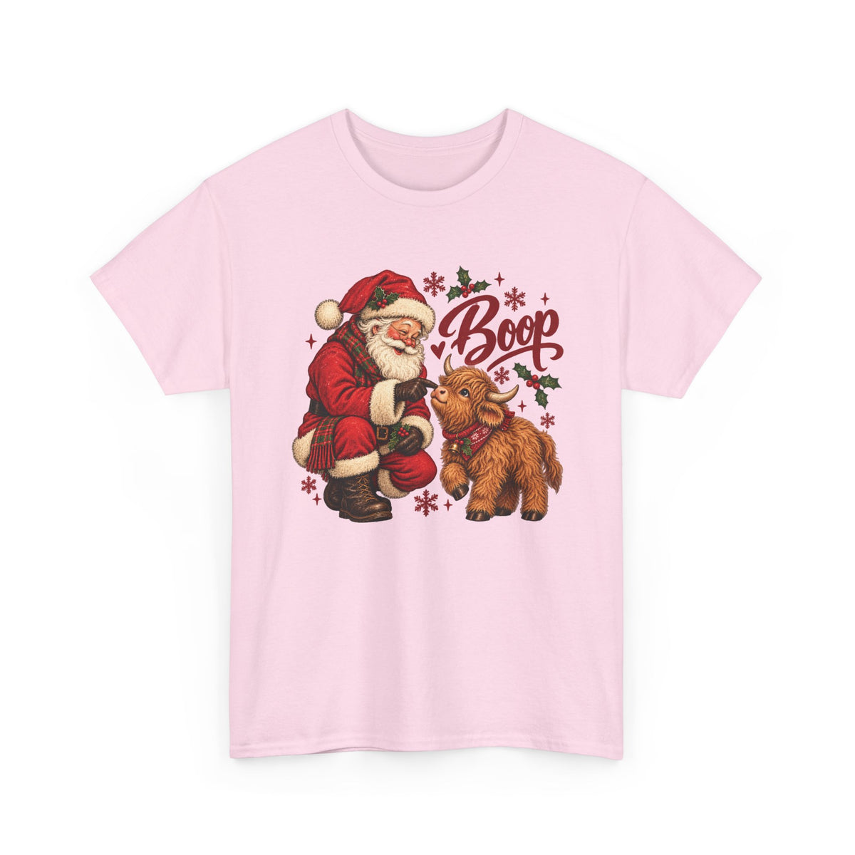 Light Pink Santa Boop Highland Cow t-shirt with Santa booping the nose of a fluffy highland calf, front view