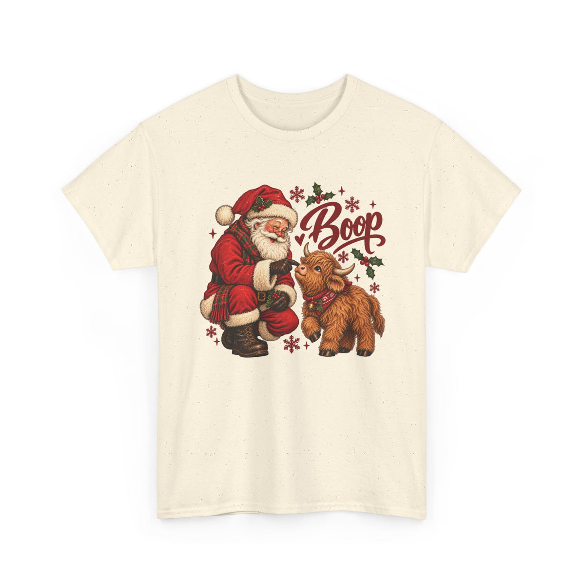 Natural Santa Boop Highland Cow t-shirt with Santa booping the nose of a fluffy highland calf, front view