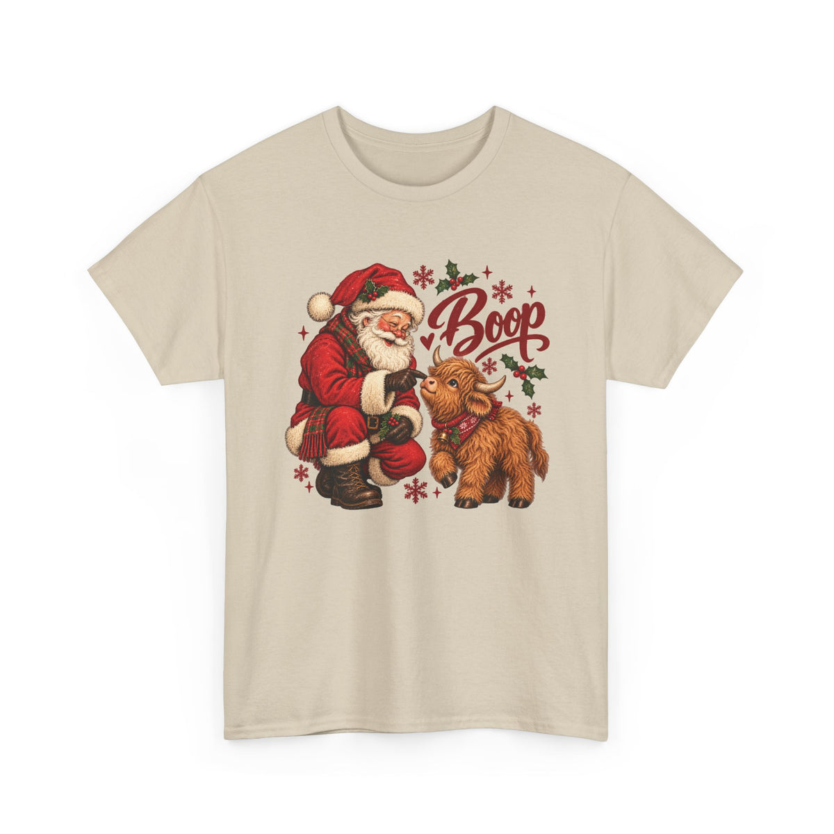 Sand Santa Boop Highland Cow t-shirt with Santa booping the nose of a fluffy highland calf, front view