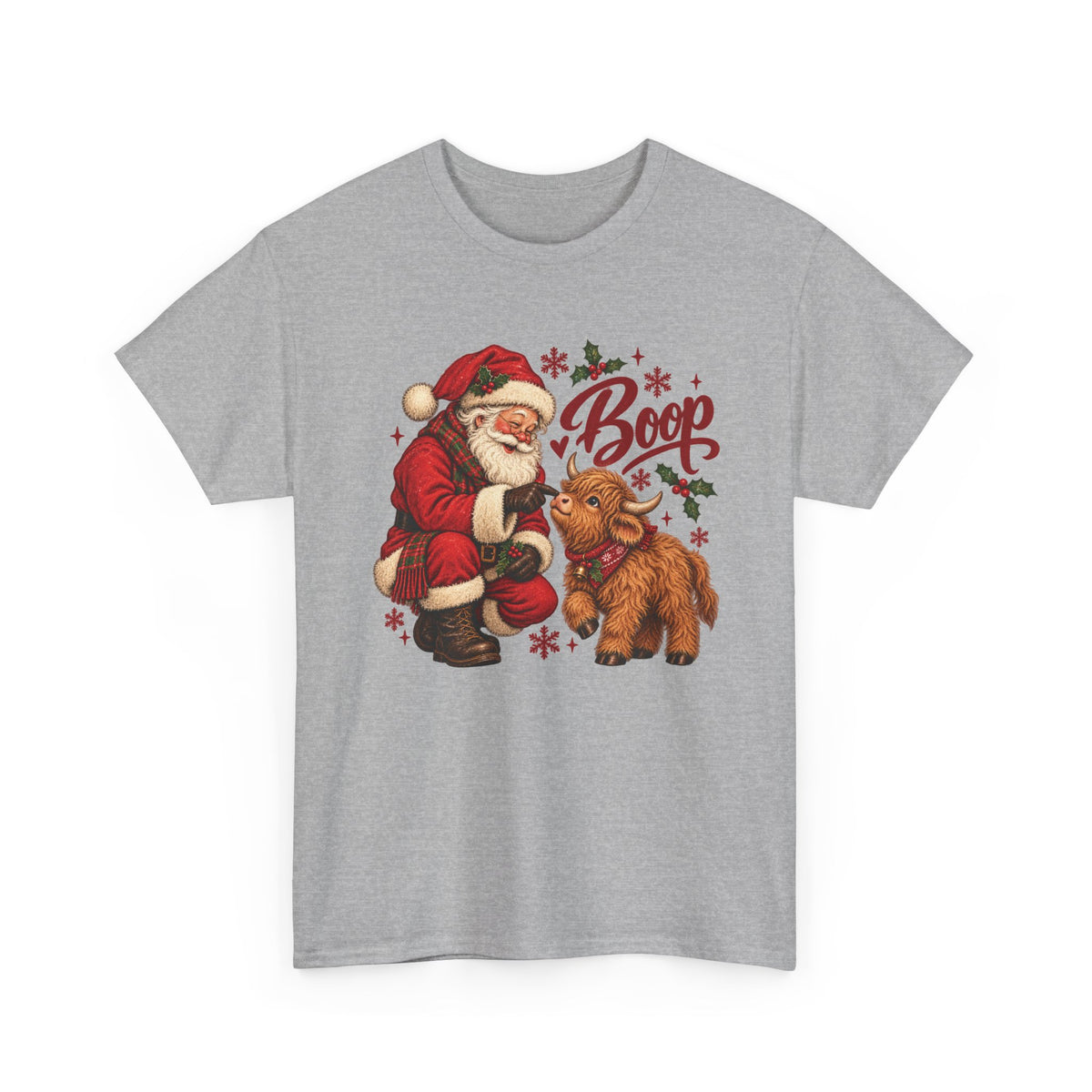 Sport Grey Santa Boop Highland Cow t-shirt with Santa booping the nose of a fluffy highland calf, front view