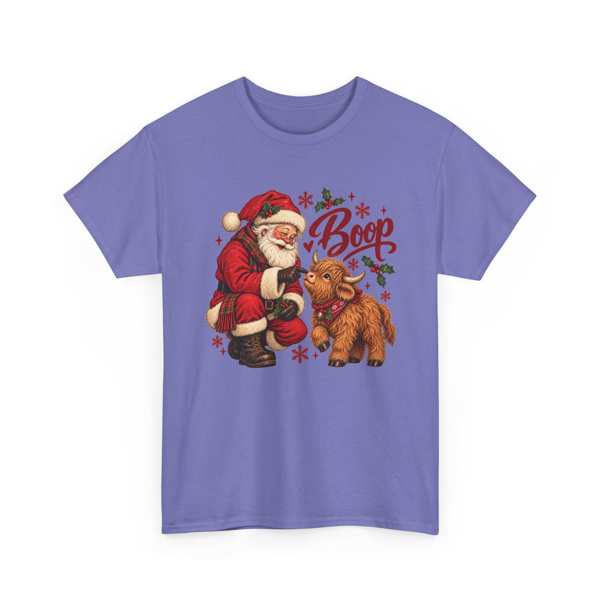 Violet Santa Boop Highland Cow t-shirt with Santa booping the nose of a fluffy highland calf, front view