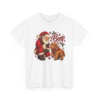 White Santa Boop Highland Cow t-shirt with Santa booping the nose of a fluffy highland calf, front view