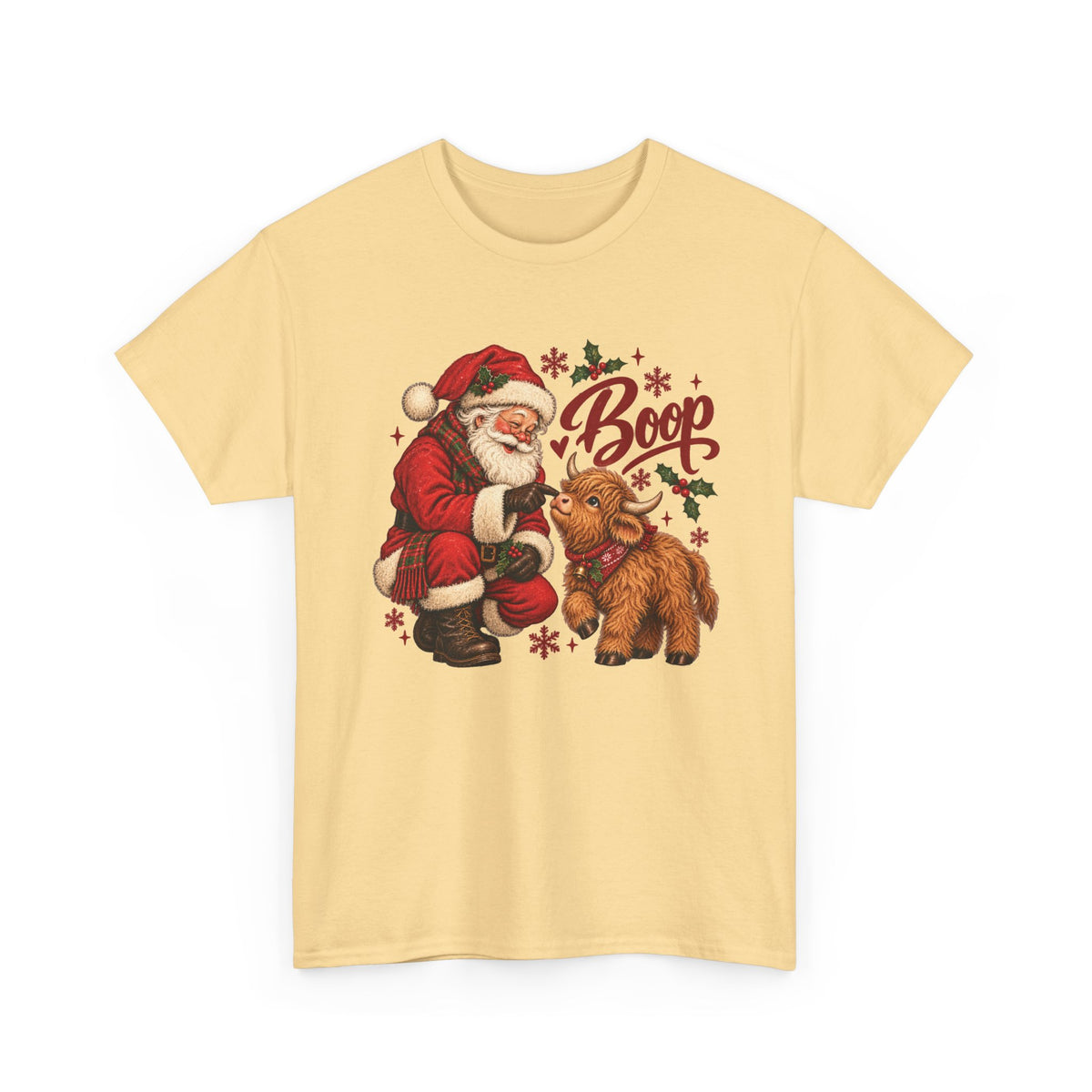 Yellow Haze Santa Boop Highland Cow t-shirt with Santa booping the nose of a fluffy highland calf, front view