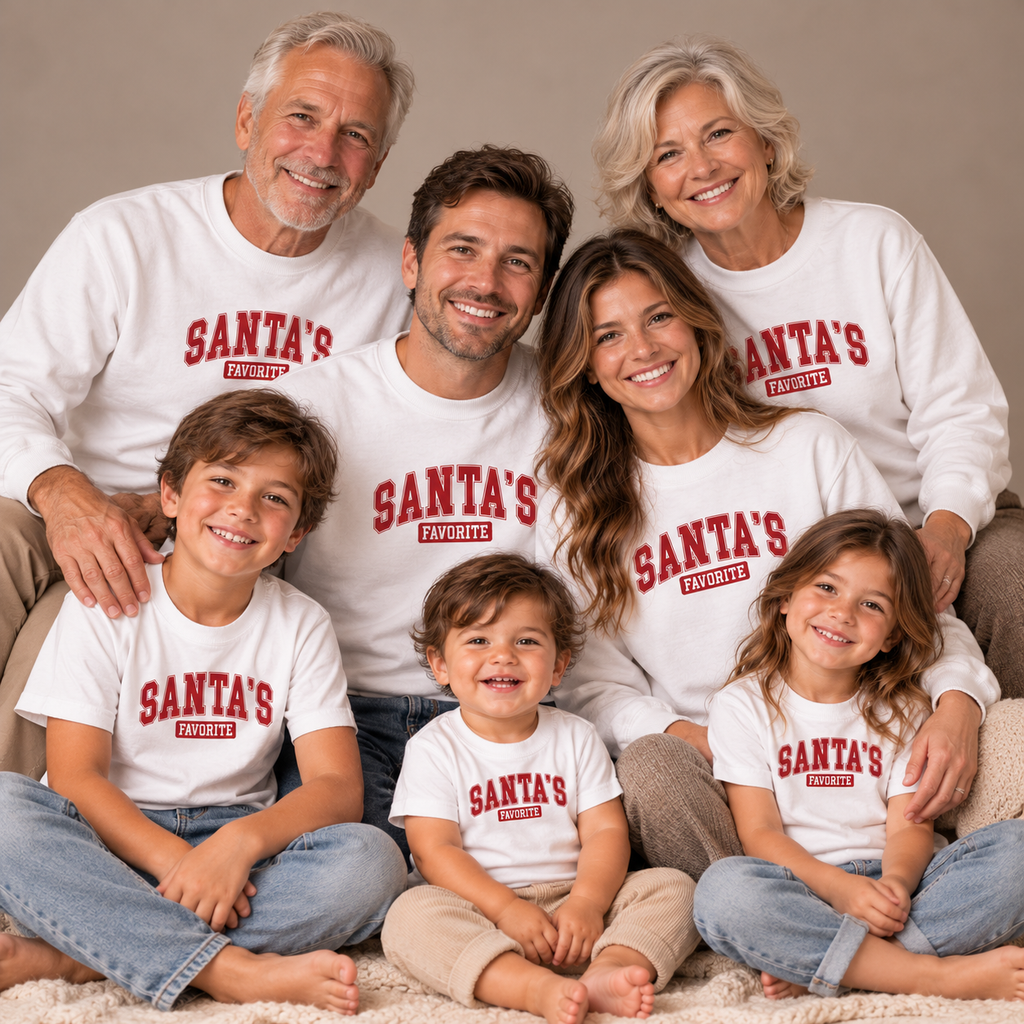Three generations wearing matching Santa's Favorite varsity Christmas sweatshirts and kids shirts