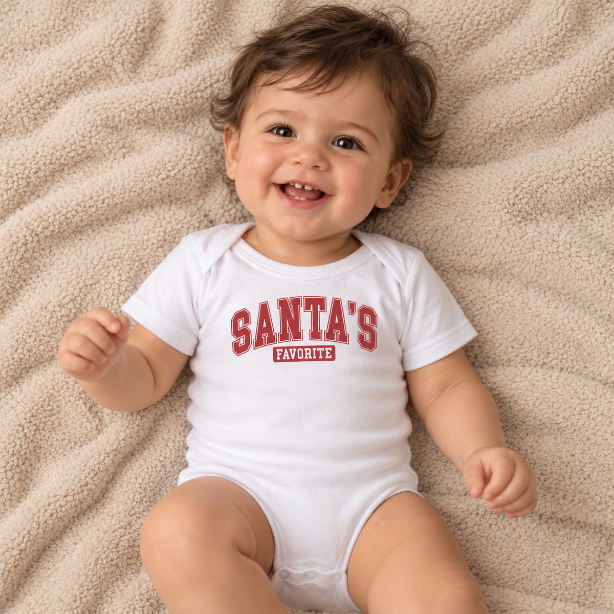 Baby wearing the White Santa's Favorite Varsity Christmas Baby Bodysuit