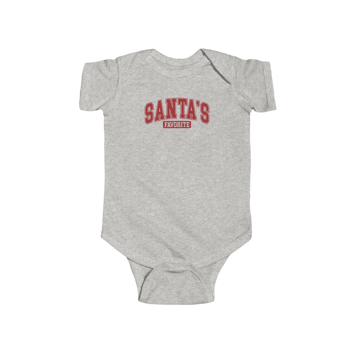 Ash Santa's Favorite baby bodysuit with varsity letters, front view