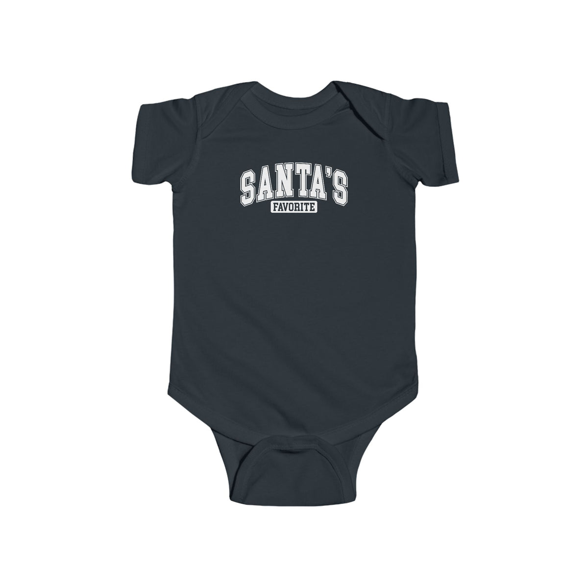 Black Santa's Favorite baby bodysuit with varsity letters, front view