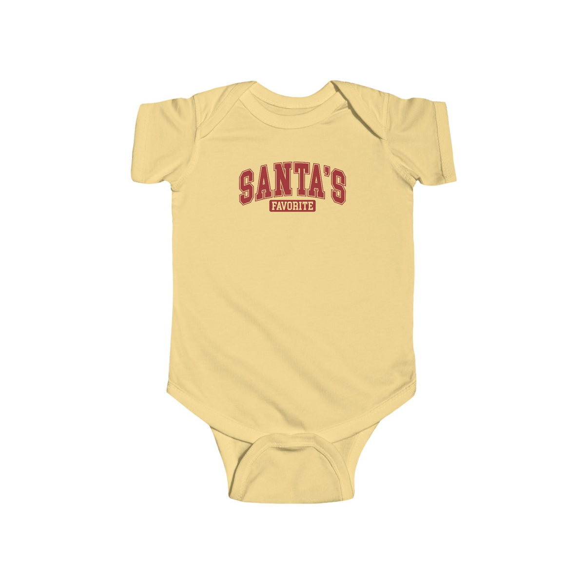 Butter Santa's Favorite baby bodysuit with varsity letters, front view