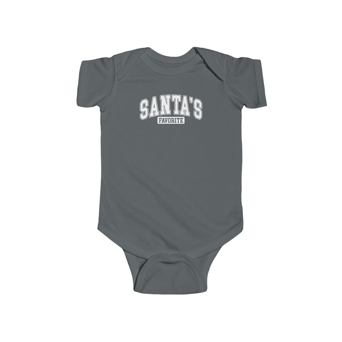 Charcoal Santa's Favorite baby bodysuit with varsity letters, front view
