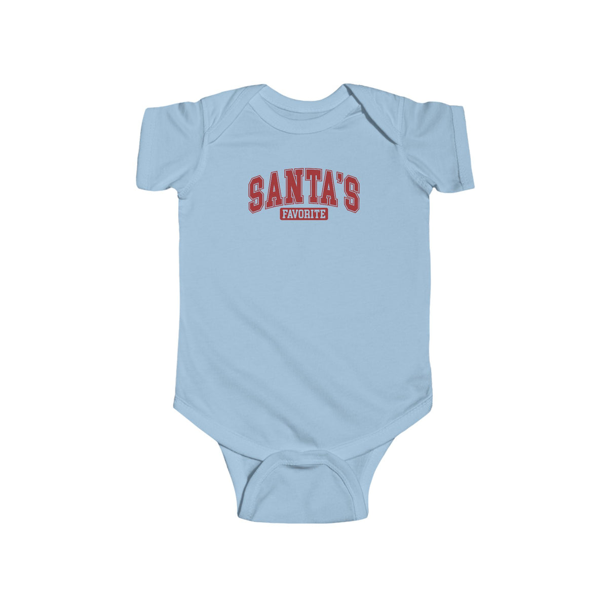 Light Blue Santa's Favorite baby bodysuit with varsity letters, front view
