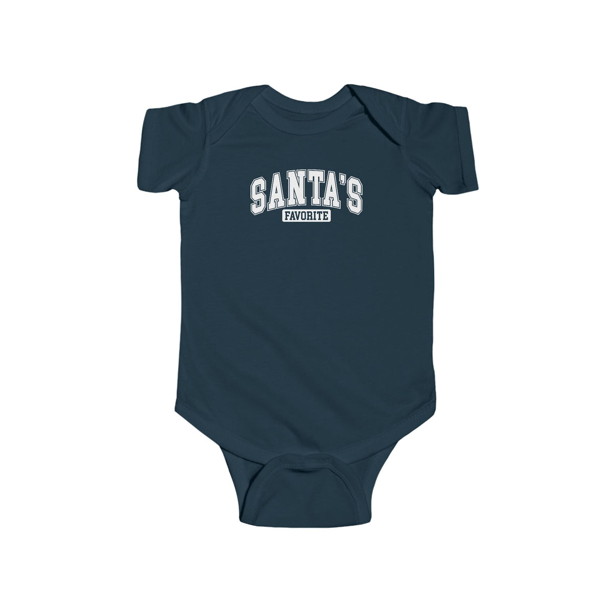 Navy Santa's Favorite baby bodysuit with varsity letters, front view