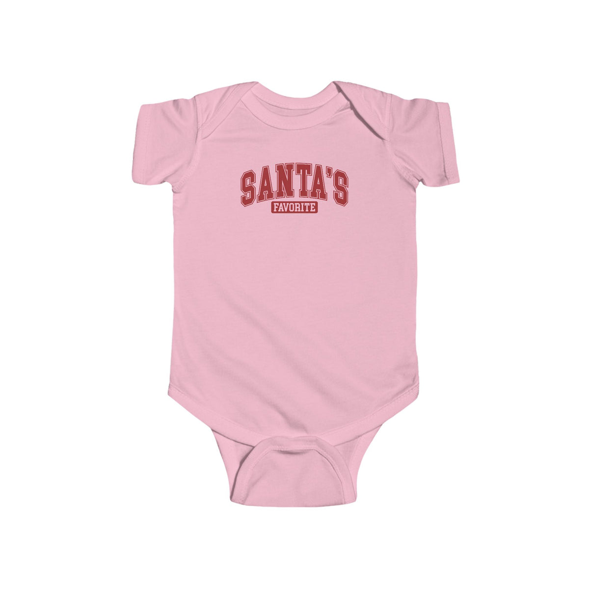 Pink Santa's Favorite baby bodysuit with varsity letters, front view
