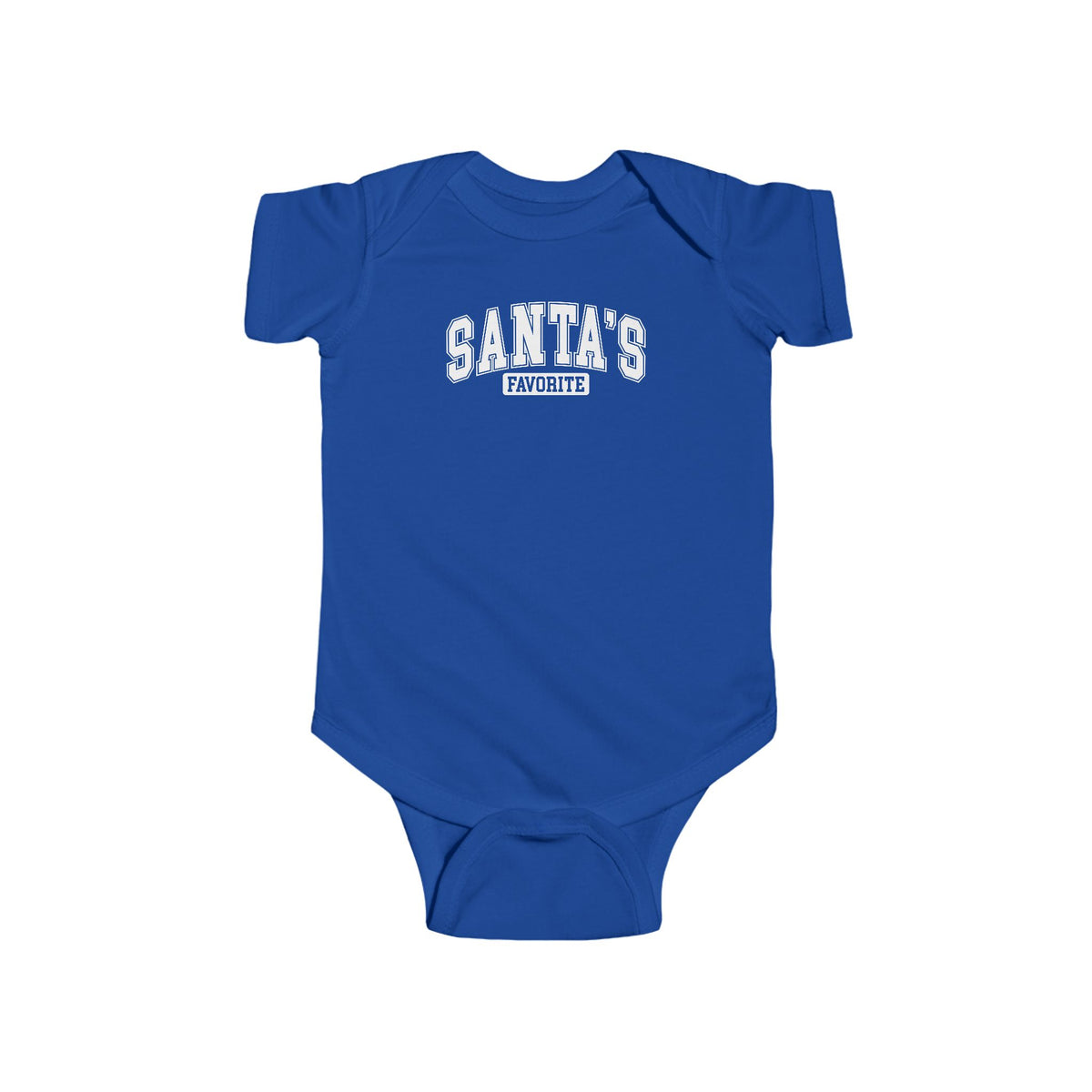 Royal Santa's Favorite baby bodysuit with varsity letters, front view