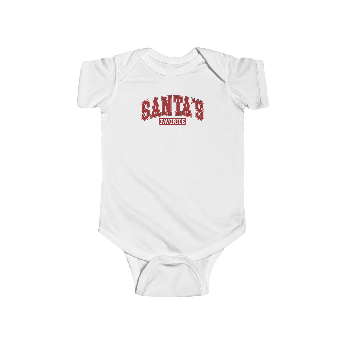White Santa's Favorite baby bodysuit with varsity letters, front view