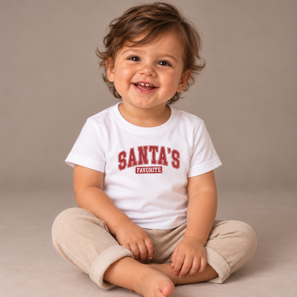 Baby wearing the White Santa's Favorite Varsity Christmas Baby T-Shirt