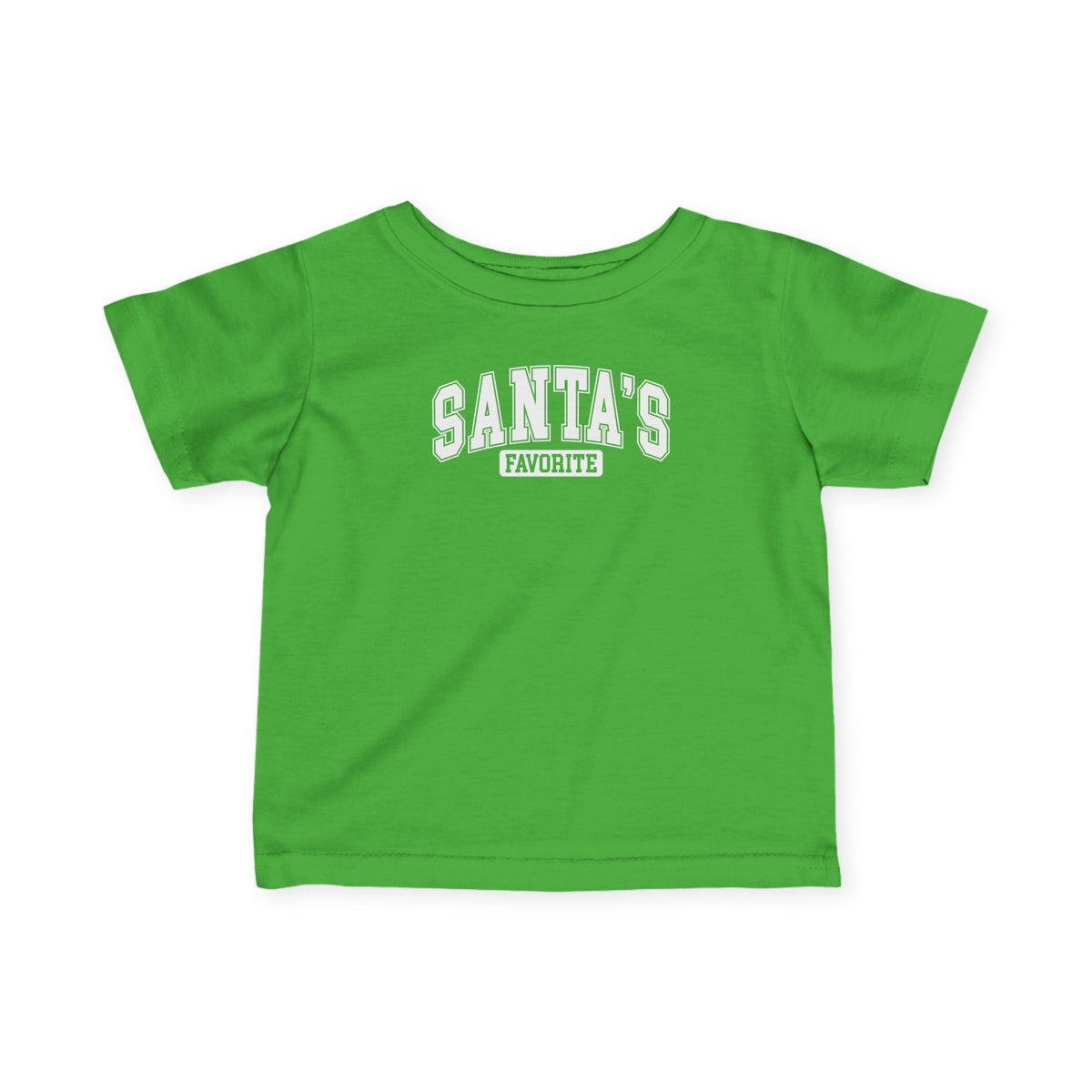 Apple Santa's Favorite baby t-shirt with varsity letters, front view