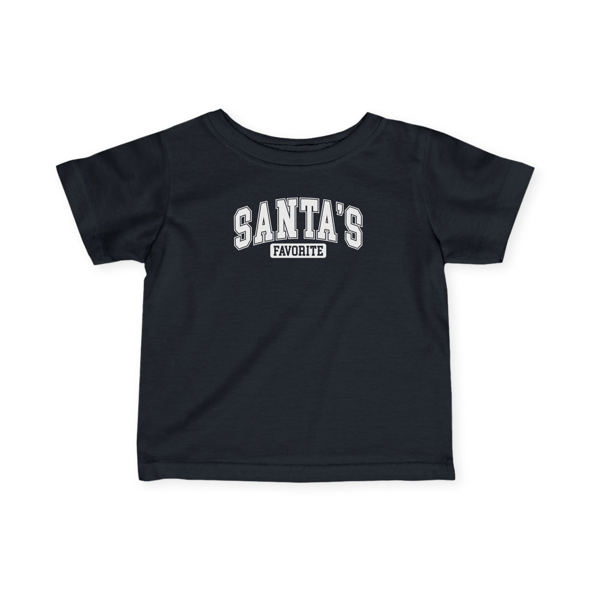 Black Santa's Favorite baby t-shirt with varsity letters, front view