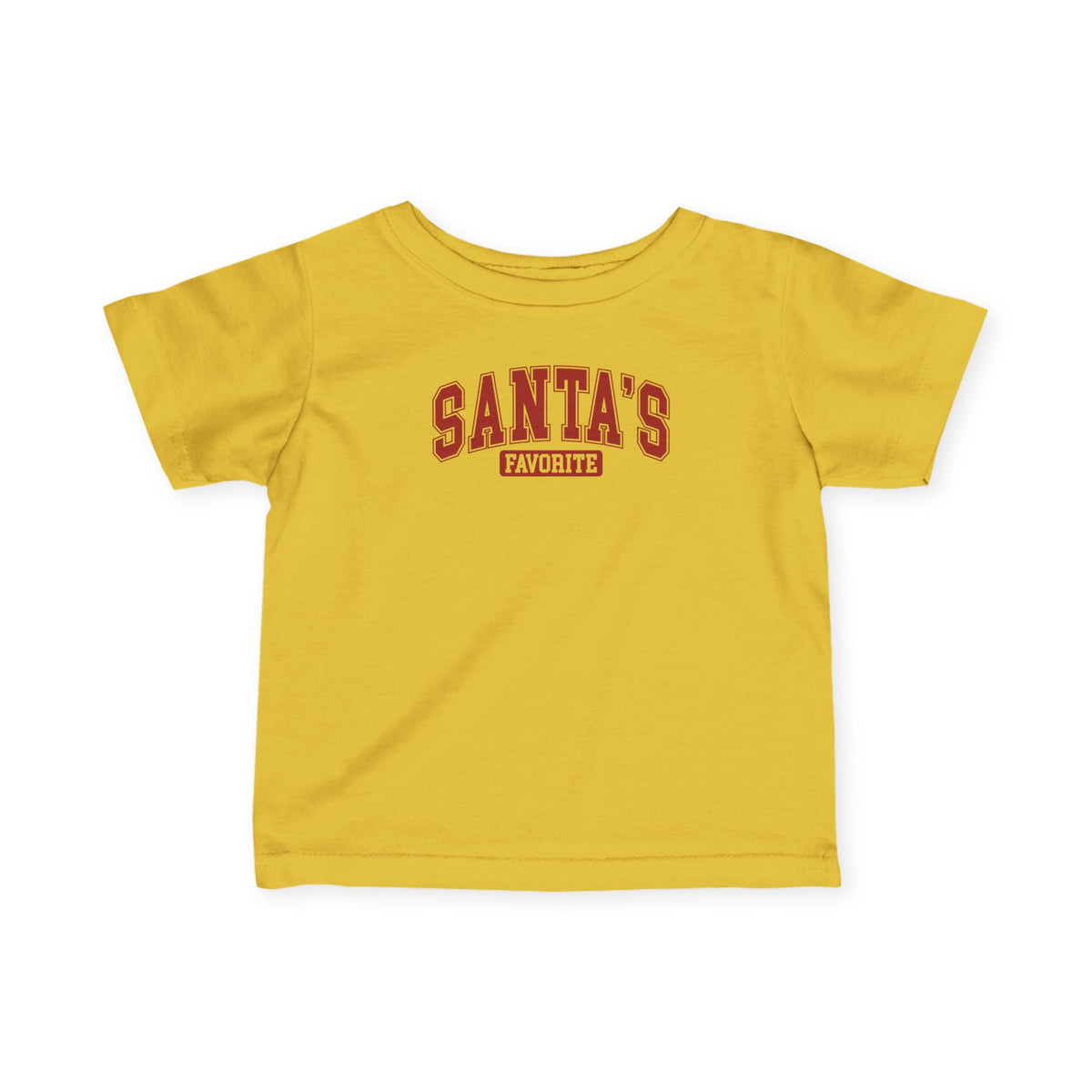 Butter Santa's Favorite baby t-shirt with varsity letters, front view
