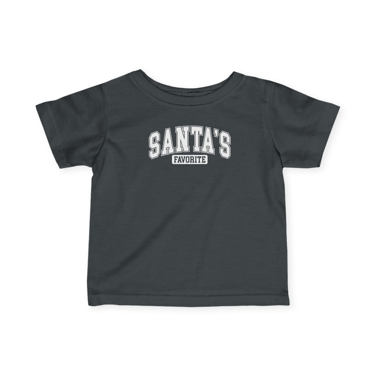 Charcoal Santa's Favorite baby t-shirt with varsity letters, front view