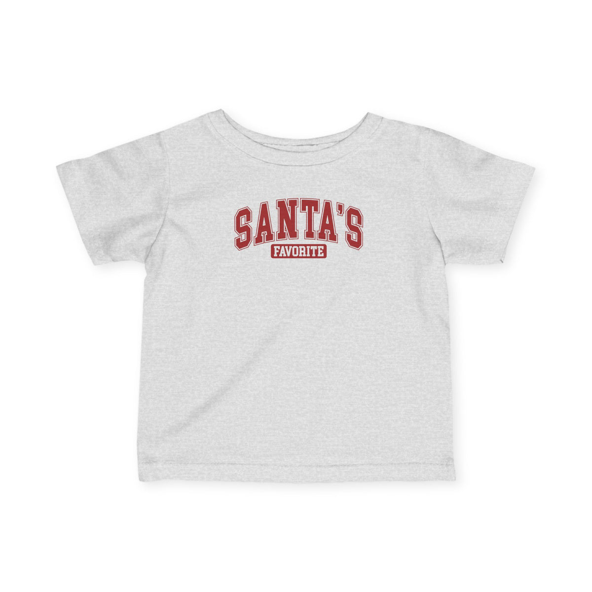 Heather Santa's Favorite baby t-shirt with varsity letters, front view
