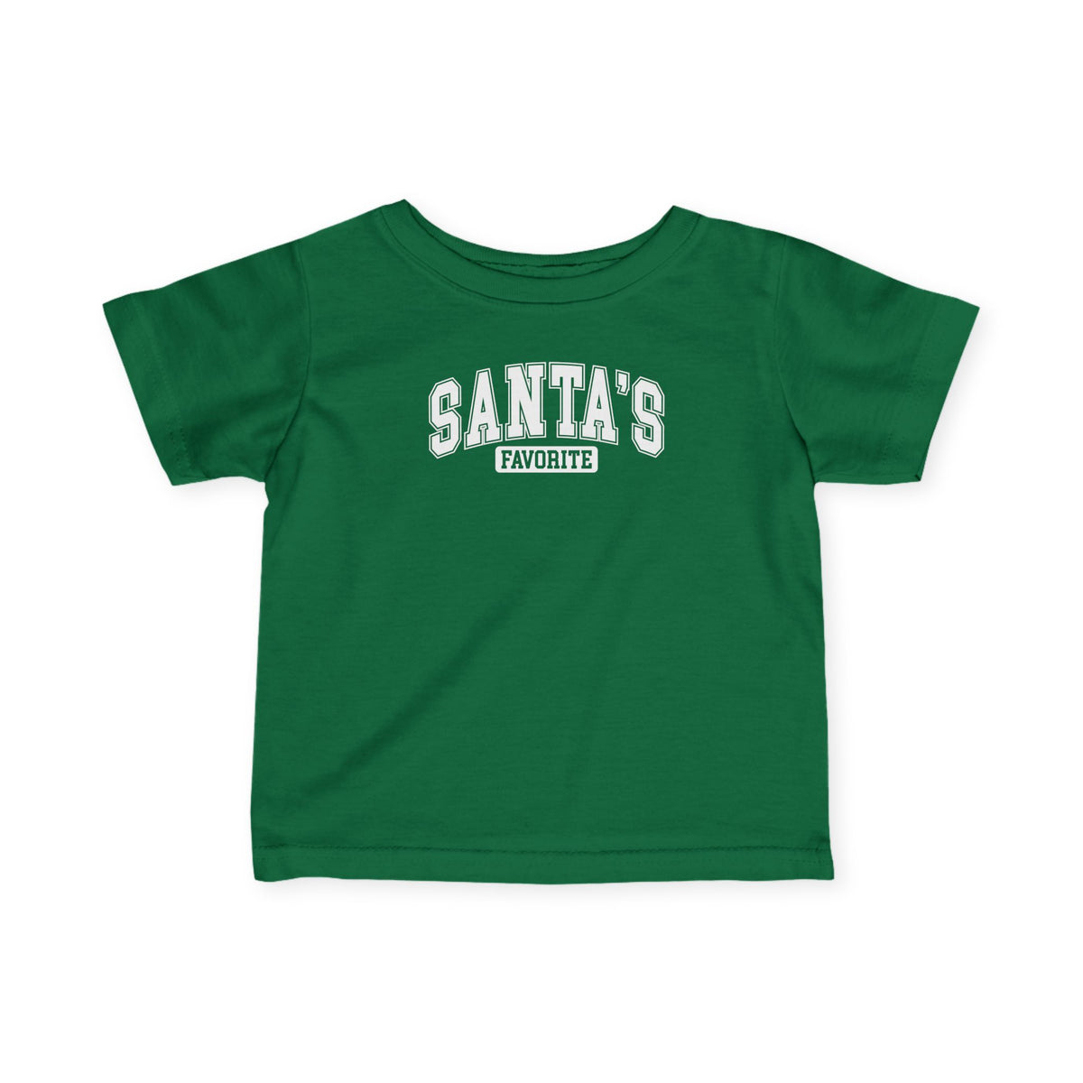 Kelly Santa's Favorite baby t-shirt with varsity letters, front view