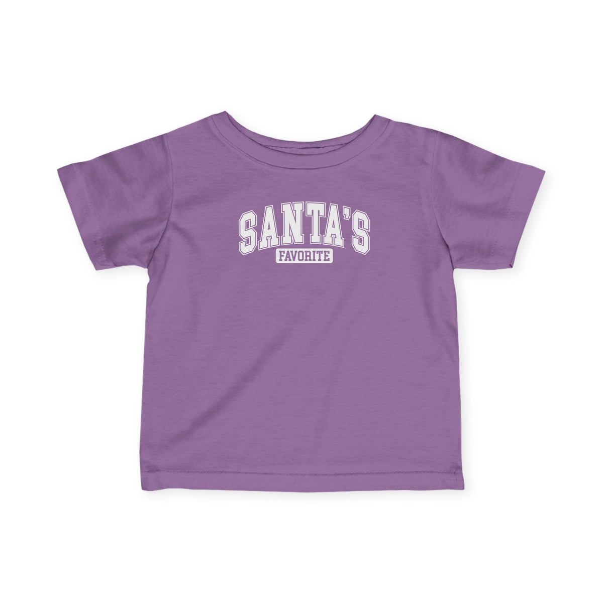 Lavender Santa's Favorite baby t-shirt with varsity letters, front view