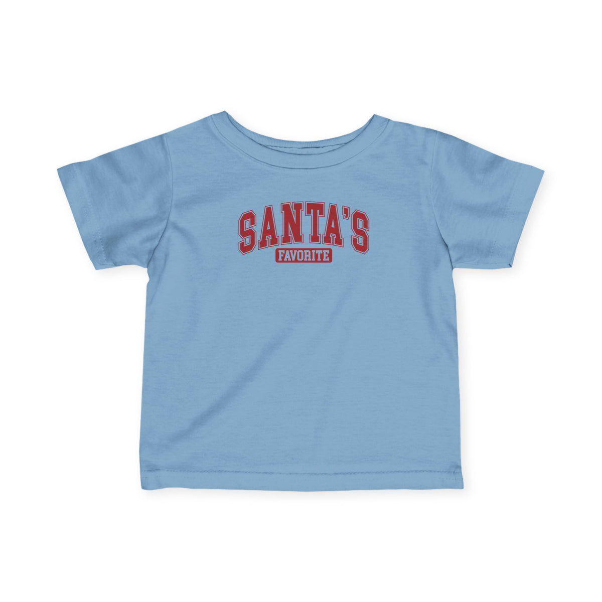 Light Blue Santa's Favorite baby t-shirt with varsity letters, front view