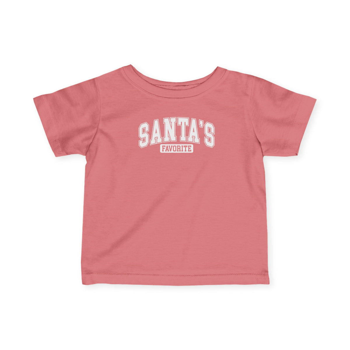 Mauvelous Santa's Favorite baby t-shirt with varsity letters, front view