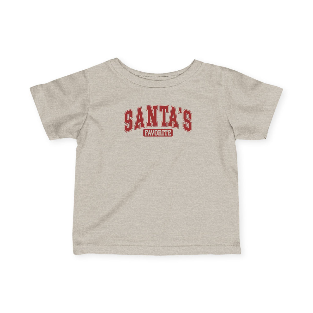 Natural Heather Santa's Favorite baby t-shirt with varsity letters, front view