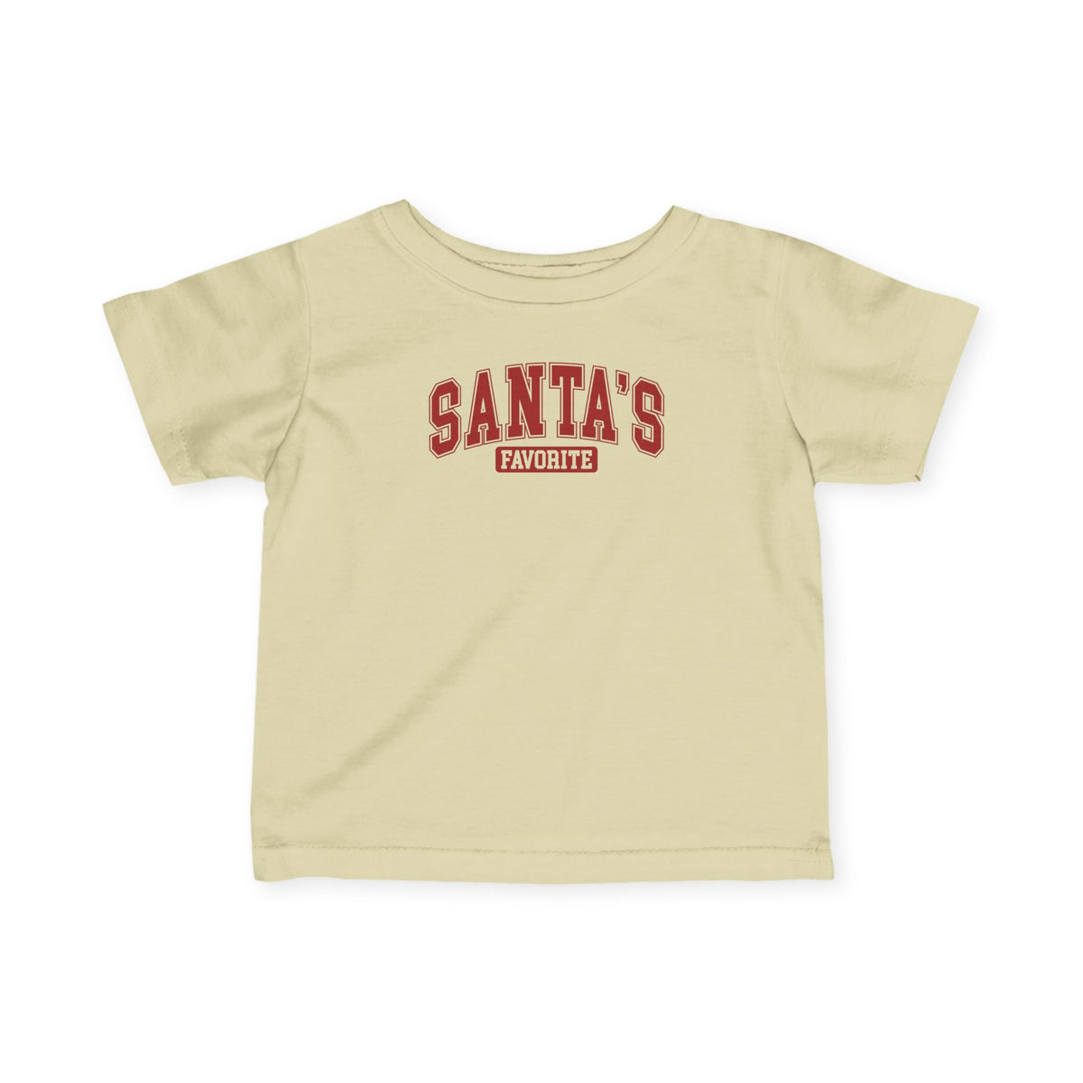 Natural Santa's Favorite baby t-shirt with varsity letters, front view